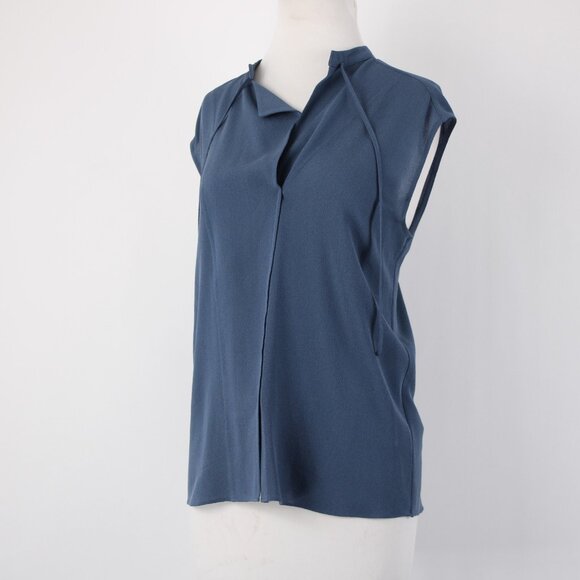 Vince Top Sz M Blue Collared V Neck Unlined 100% Silk Top - Picture 5 of 13